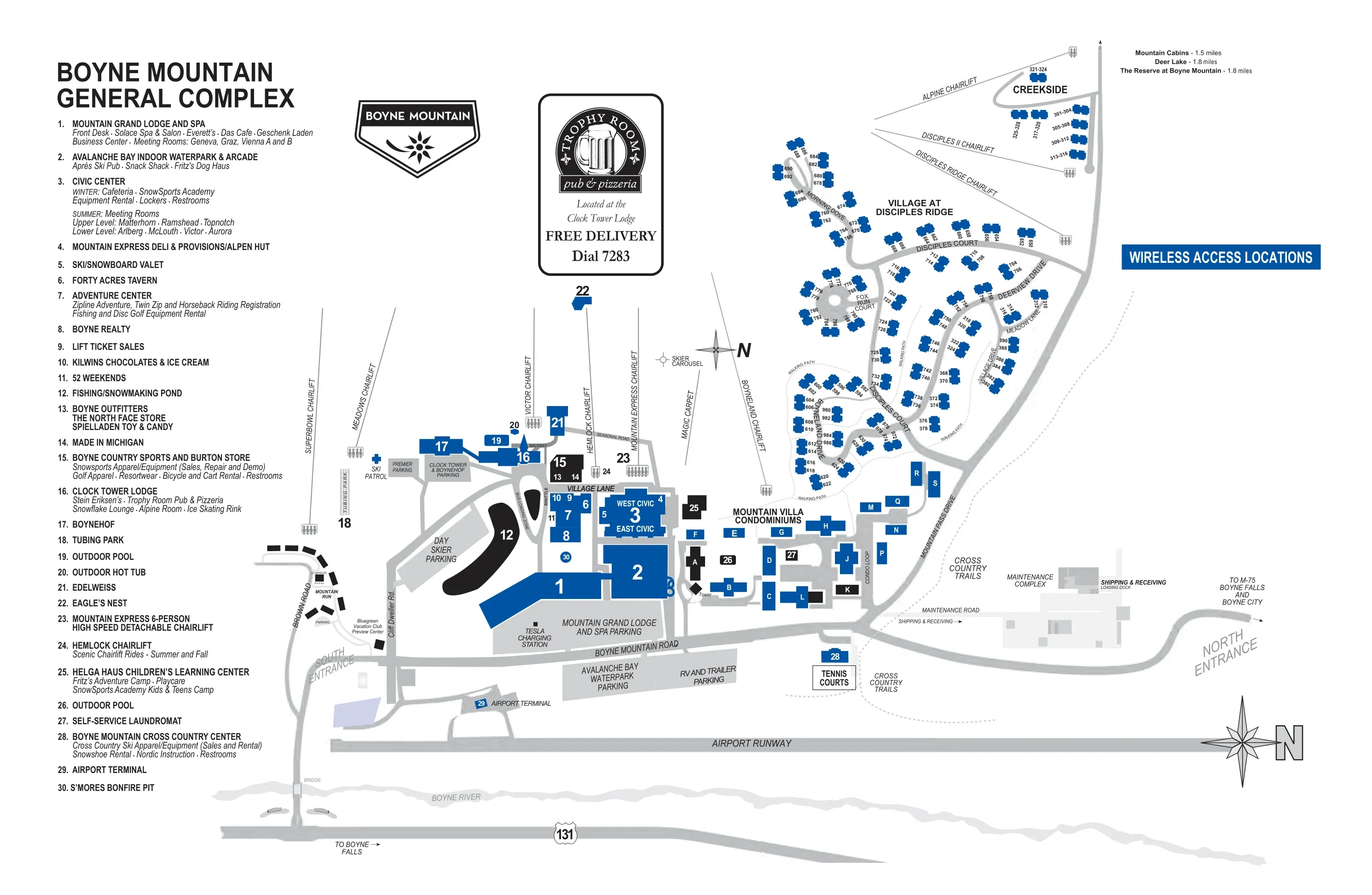 Boyne Mountain resort map. The Village at Disciples Ridge sits at the north-east corner, off Deerview Drive; the Clock Tower Lodge, the golf shop and the pool are in the village at the centre.